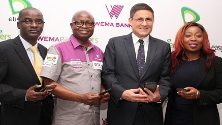(l-r): Otuyemi Otule, Chief Product and Information Officer, Etisalat Nigeria; Segun Oloketuyi , Managing Director and Chief Executive Officer, Wema Bank Plc; Matthew Willsher, Chief Executive Officer, Etisalat Nigeria, and Adia Sowho, Director, Digital Business, Etisalat Nigeria, at the unveiling of WemaEasySavers Account by the companies in Lagos.